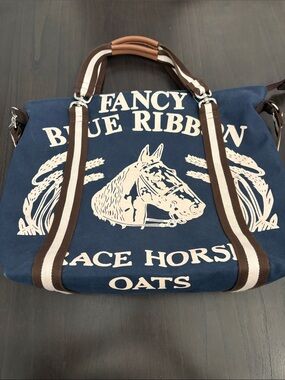 Fancy Blue Ribbon Navy Canvas Bag with Stripe Handles